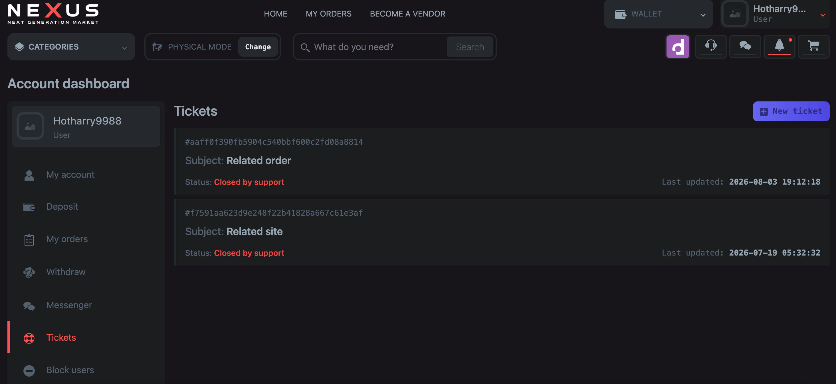 Nexus Market vendor dashboard with active orders and escrow balance